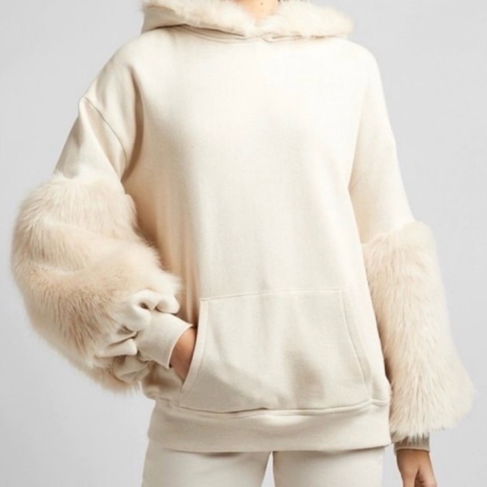 Express Beige Faux Fur-Trim Hoodie